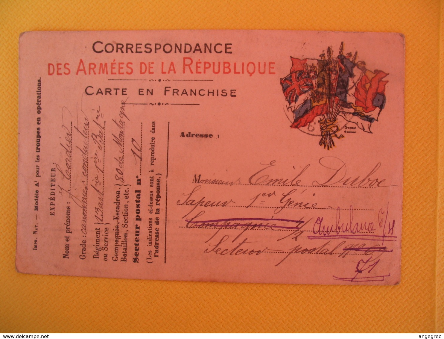 France Carte En Franchise Militaire 1916 J. Cordier  Pour Seine Inférieure  Secteur Postal 10 - Lettres & Documents