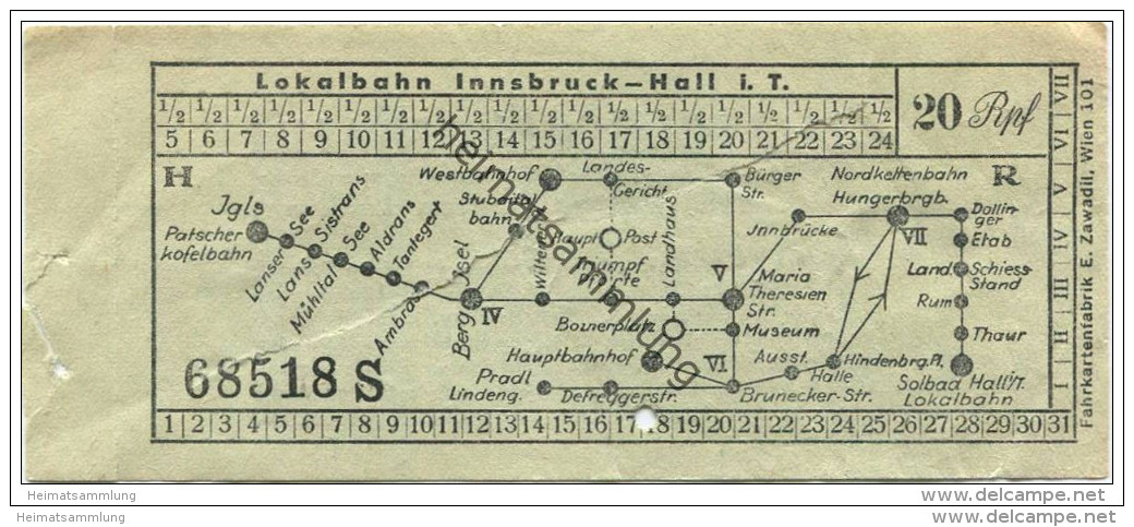 Lokalbahn Innsbruck-Hall I. T. - Fahrschein 20Rpf. - Europe