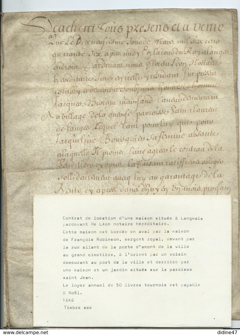 PARCHEMIN DE 6 PAGES - 1646-  Contrat De Location D'une Maison à LANGEAIS - Cachets Généralité