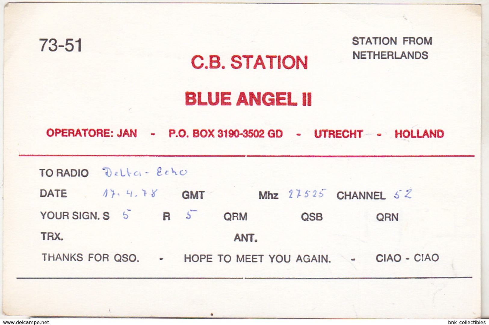 Netherlands Old QSL Card - CB-Radio Station Blue Angel II Utrech 1978 - CB