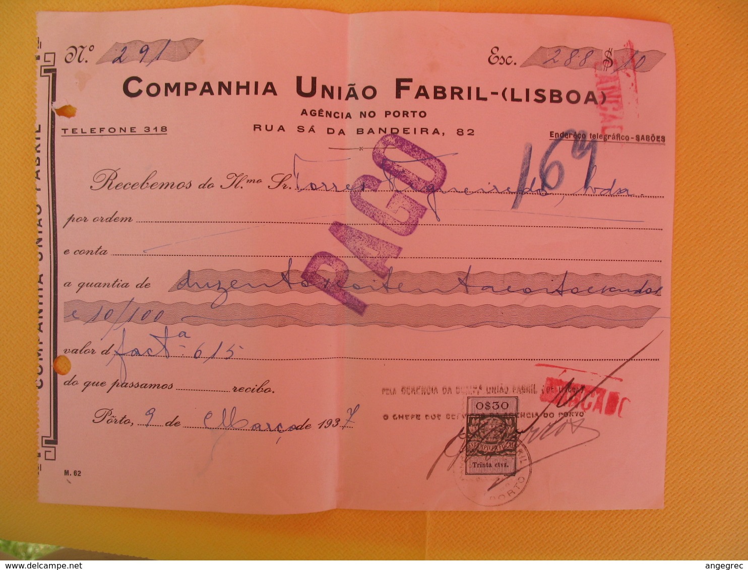 Document Portugais  Perfurado  CUF Companhia Uniao Fabril Estampilha Fiscal  1937 - Storia Postale