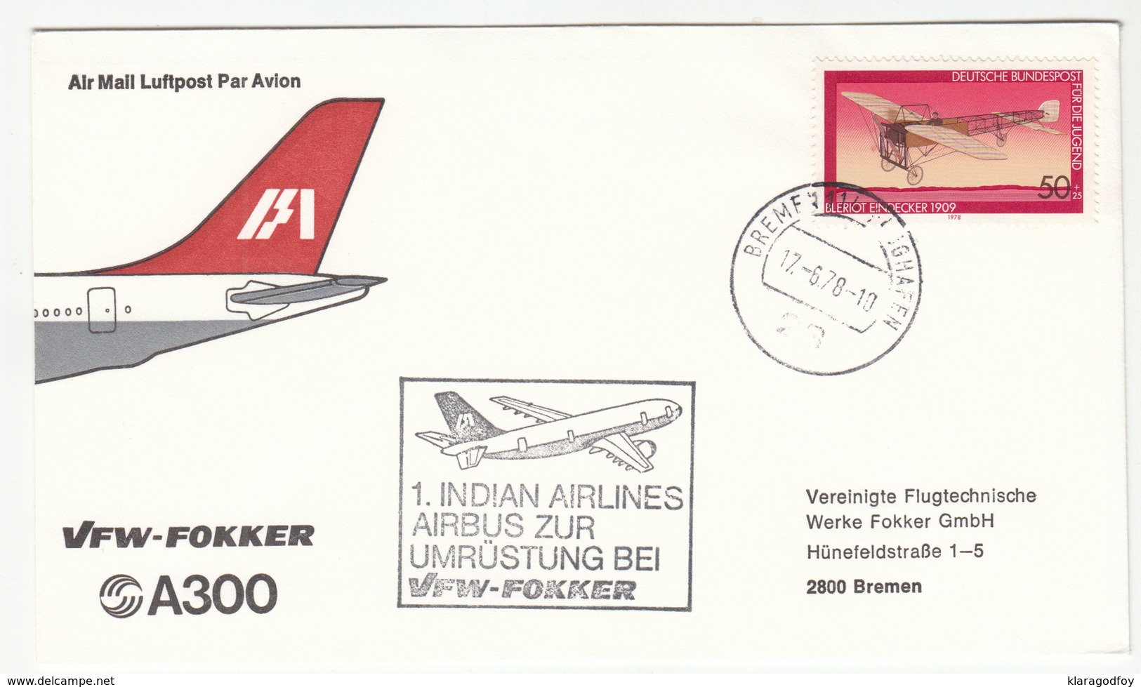 Germany, VFW-Fokker Indian Airlines Airbus Illustrated Pmk Letter Cover 1978 Bremen B180625 - Avions