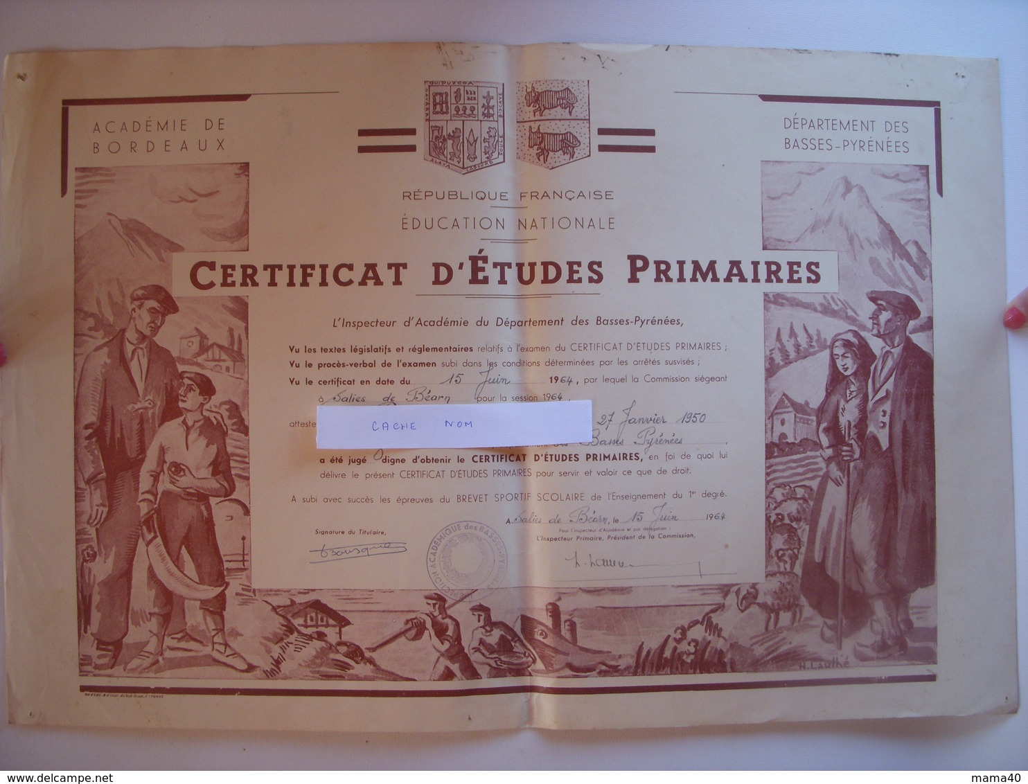 CERTIFICAT D'ETUDES PRIMAIRES 1964 - 64 SALIES DE BEARN - ILLUSTRATION DU PEINTRE H. LAULHE - BASQUE CHISTERA - BEARNAIS - Diplômes & Bulletins Scolaires