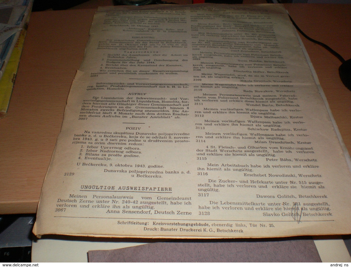 Becskerek Zrenjanin Sluzbene Novine Za Banat Amtsblatt Fur Das Banat 1943 WW2 Nazy Okupation - Idiomas Escandinavos