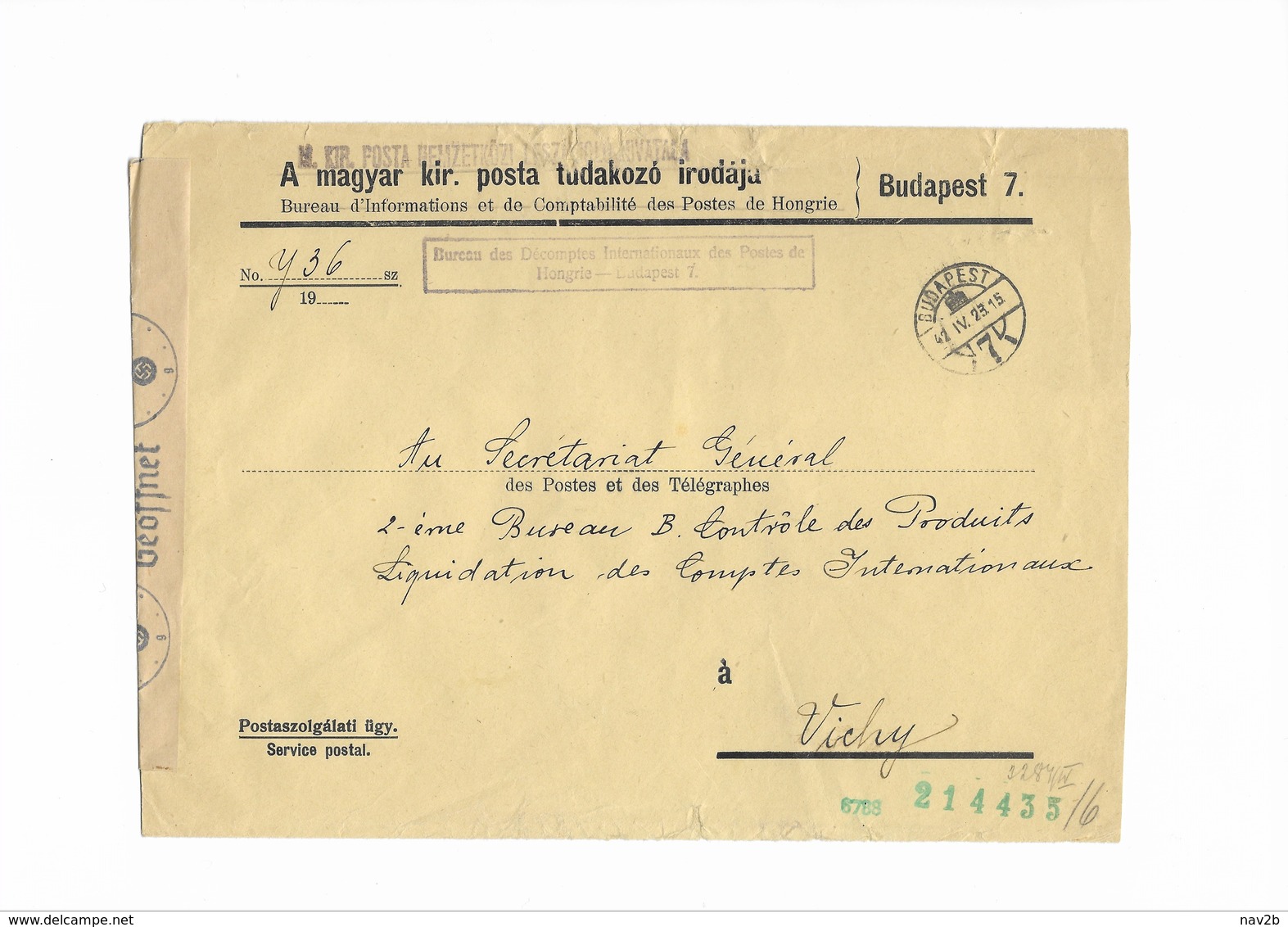 Lettre Officielle En Franchise Des Postes . Censure Allemande . Budapest 23/04/42 - Vrijstelling Van Portkosten