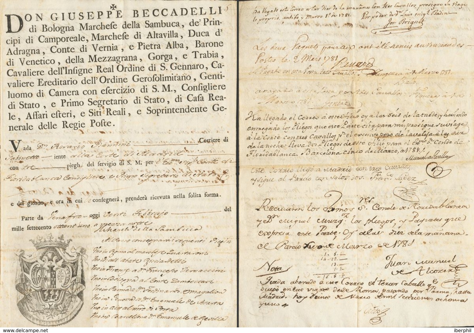 Prefilatelia. Madrid. Sobre 1781. Documento O Vaya Postal Remitida Por Don Giuseppe Beccadelli, Secretario De Estado Del - ...-1850 Prephilately