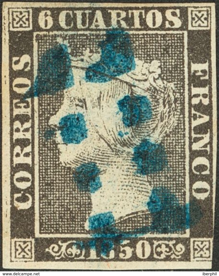 1º Y 2º Centenario. º 1 1850. 6 Cuartos Negro. Matasello "11" (limado), En Azul De Sevilla. MAGNIFICO. - Otros & Sin Clasificación