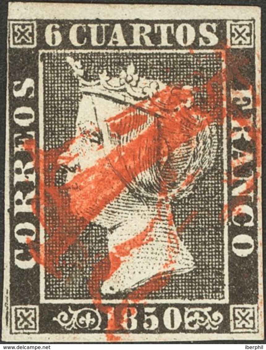 1º Y 2º Centenario. º 1 1850. 6 Cuartos Negro (I-17). Matasello Prefilatélico "R" (estampado Varias Veces), En Rojo Que  - Altri & Non Classificati