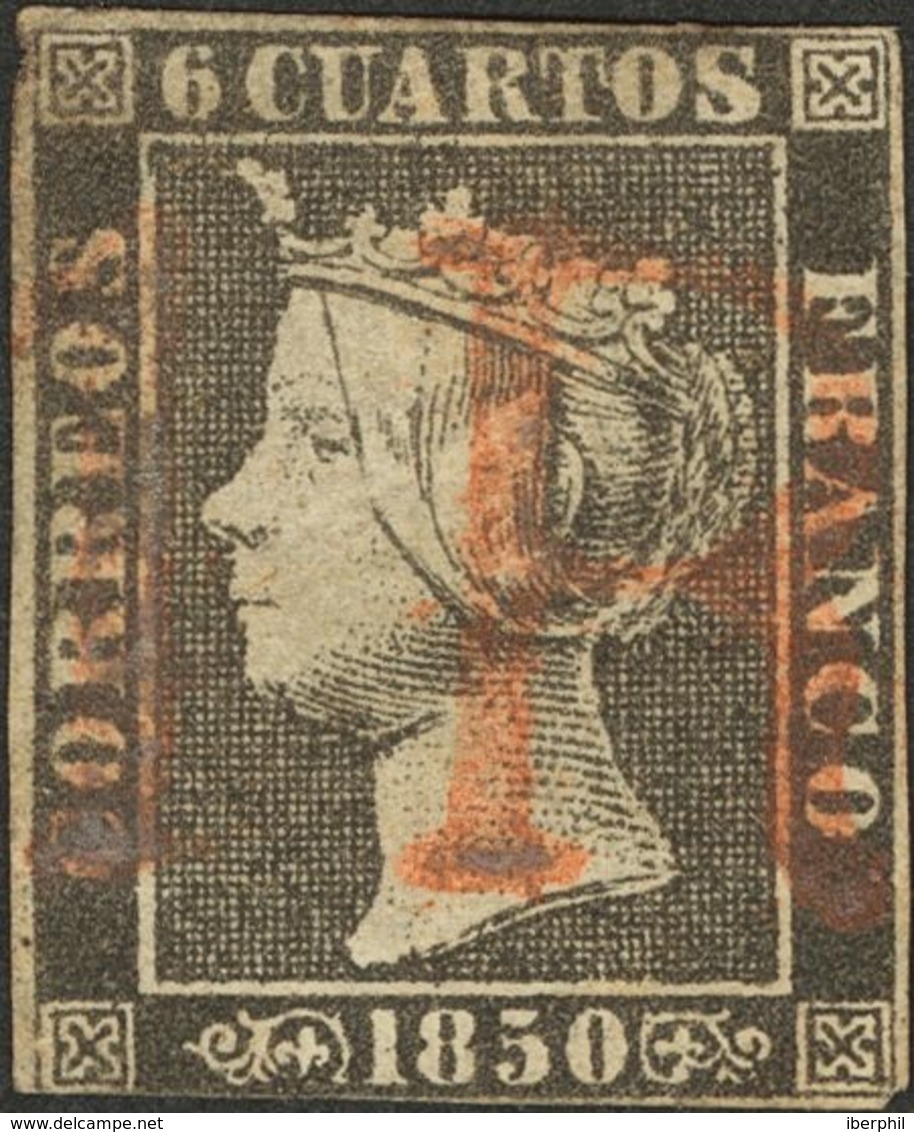 1º Y 2º Centenario. º 1A 1850. 6 Cuartos Negro (II-36). Matasello Prefilatélico "1 R", En Rojo De Origen Desconocido. MA - Otros & Sin Clasificación