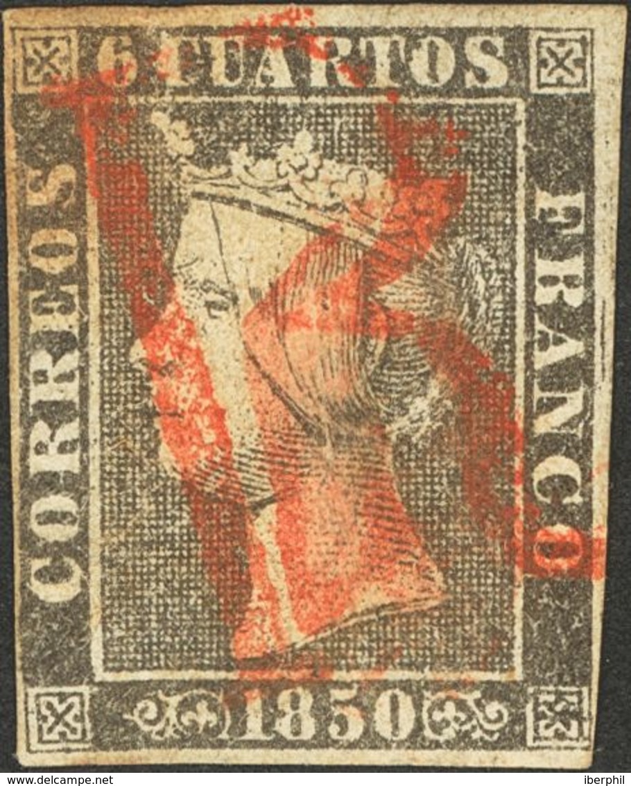 1º Y 2º Centenario. º 1A 1850. 6 Cuartos Negro (II-14). Matasello Prefilatélico "R", En Rojo De Origen Desconocido (podr - Sonstige & Ohne Zuordnung