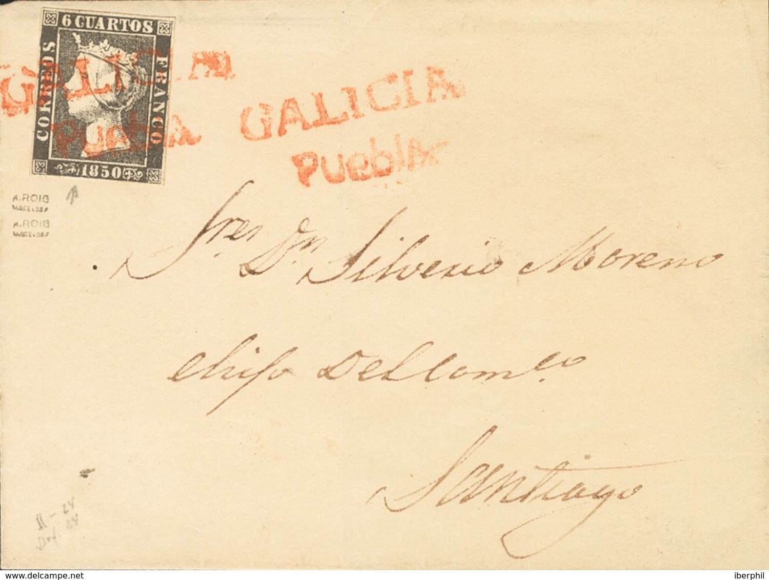 1º Y 2º Centenario. Sobre 1A 1850. 6 Cuartos Negro. PUEBLA A SANTIAGO. Matasello Prefilatélico GALICIA / PUEBLA. MAGNIFI - Altri & Non Classificati