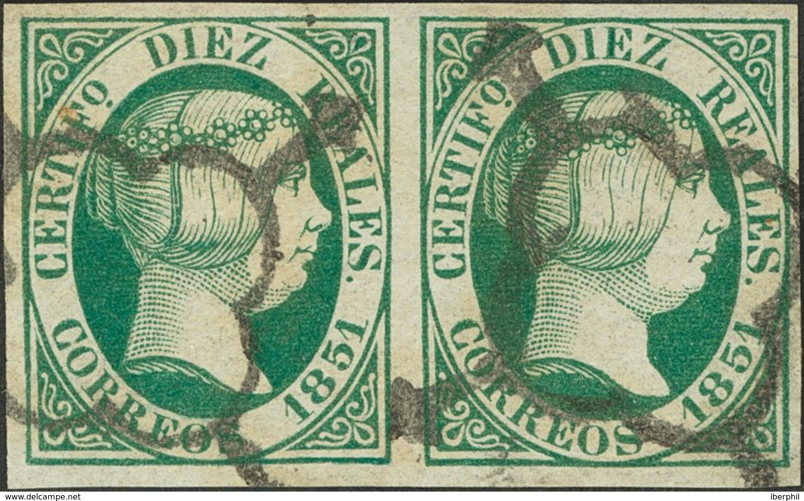 1º Y 2º Centenario. º 11(2) 1851. 10 Reales Verde, Pareja. Color Muy Intenso, Enormes Márgenes Y Matasello Muy Limpio. M - Altri & Non Classificati