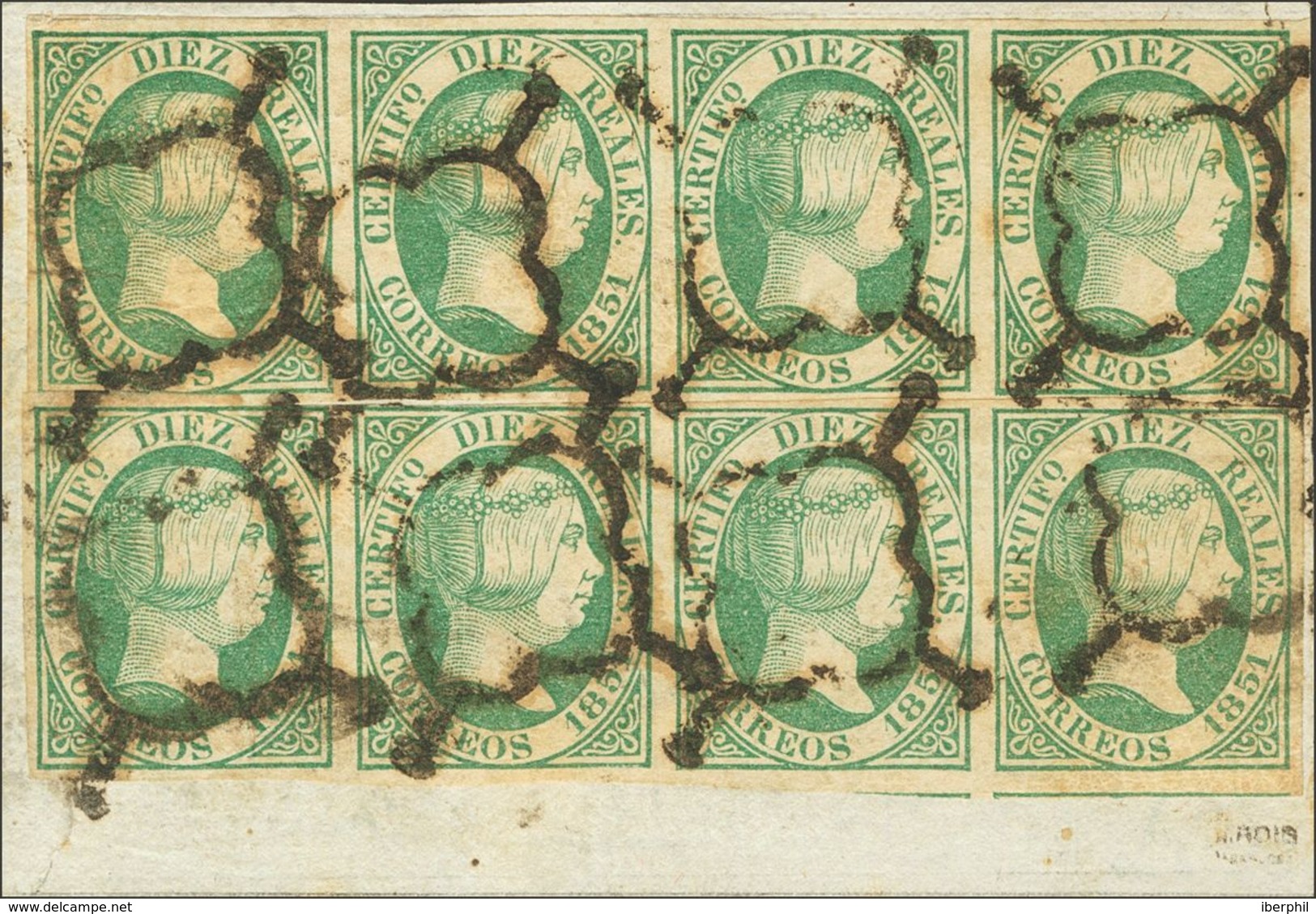 1º Y 2º Centenario. Fragmento 11(8) 1851. 10 Reales Verde, Dos Tiras De Cuatro, Sobre Fragmento. MAGNIFICO Y PIEZA DE EX - Altri & Non Classificati