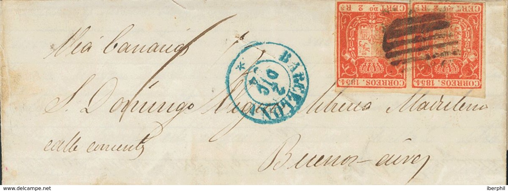 1º Y 2º Centenario. Sobre 25(2) 1854. 2 Reales Bermellón, Pareja. BARCELONA A BUENOS AIRES (ARGENTINA) (cortes De Desinf - Otros & Sin Clasificación