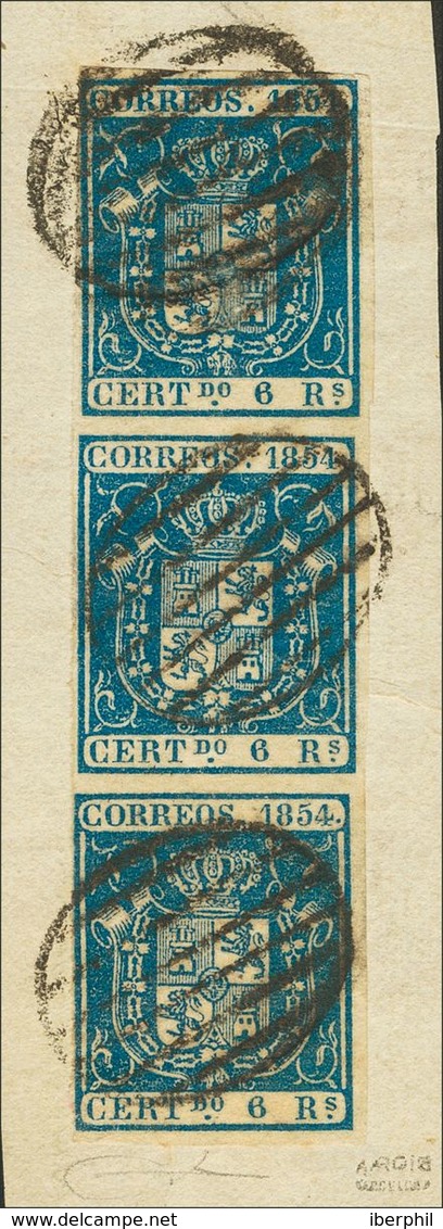 1º Y 2º Centenario. Fragmento 27(3) 1854. 6 Reales Azul, Tira De Tres, Sobre Fragmento. MAGNIFICA Y RARA, MUY ESPECTACUL - Sonstige & Ohne Zuordnung