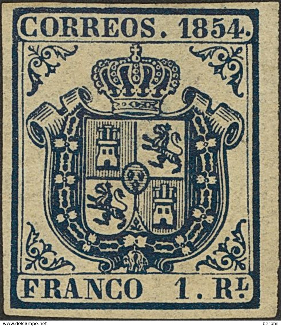 1º Y 2º Centenario. (*) 34 1854. 1 Real Azul Oscuro, Borde De Hoja. Excepcional Color Y Enormes Márgenes. PIEZA DE LUJO, - Otros & Sin Clasificación