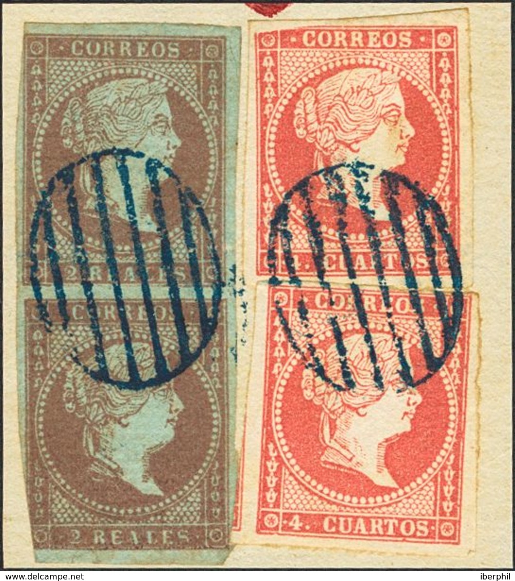 1º Y 2º Centenario. Fragmento 42(2), 48(2) 1855. 2 Reales Violeta Y 4 Cuartos Rojo, Ambos Parejas Verticales, Sobre Frag - Altri & Non Classificati