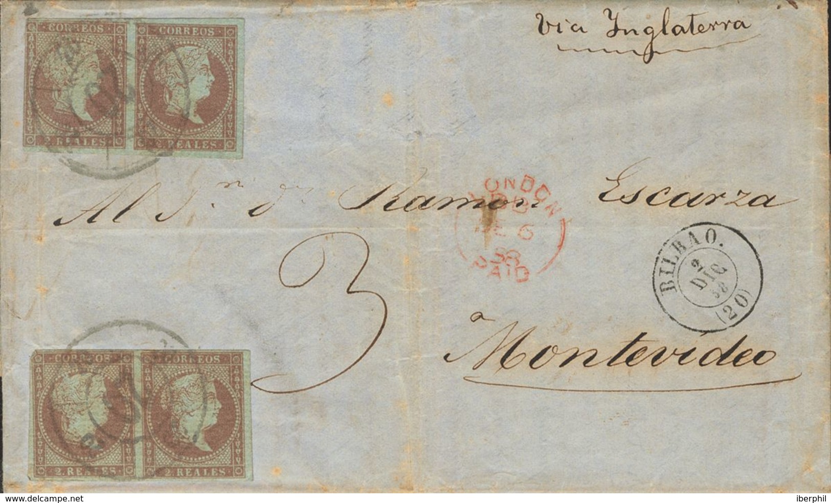 1º Y 2º Centenario. Sobre 42(4) 1858. 2 Reales Lila, Dos Parejas. BILBAO A MONTEVIDEO (URUGUAY), Circulada Por El Correo - Altri & Non Classificati