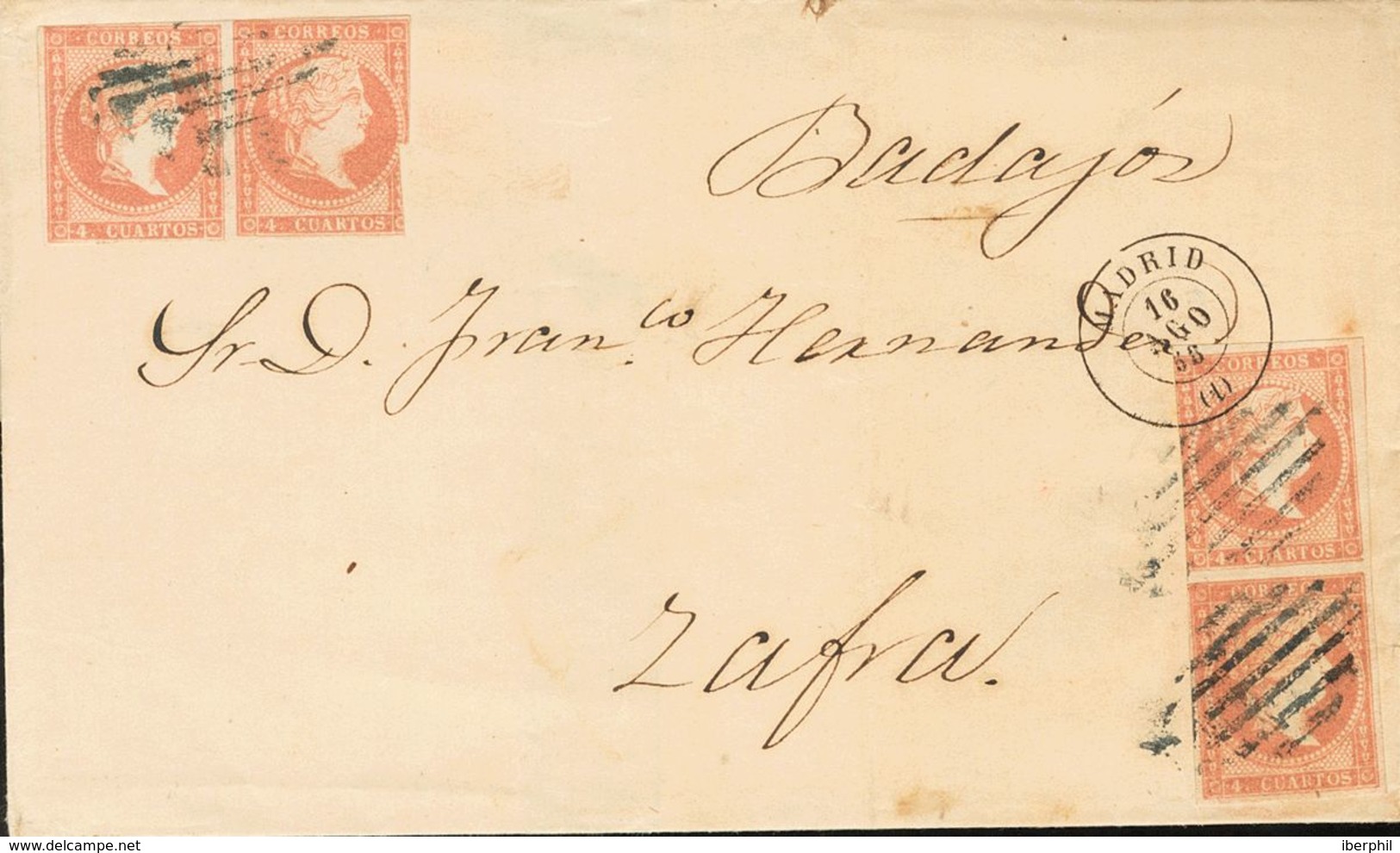 1º Y 2º Centenario. Sobre 48(4) 1858. 4 Cuartos Rojo, Cuatro Sellos. MADRID A ZAFRA. Matasello REJILLA, Azulada. MAGNIFI - Other & Unclassified