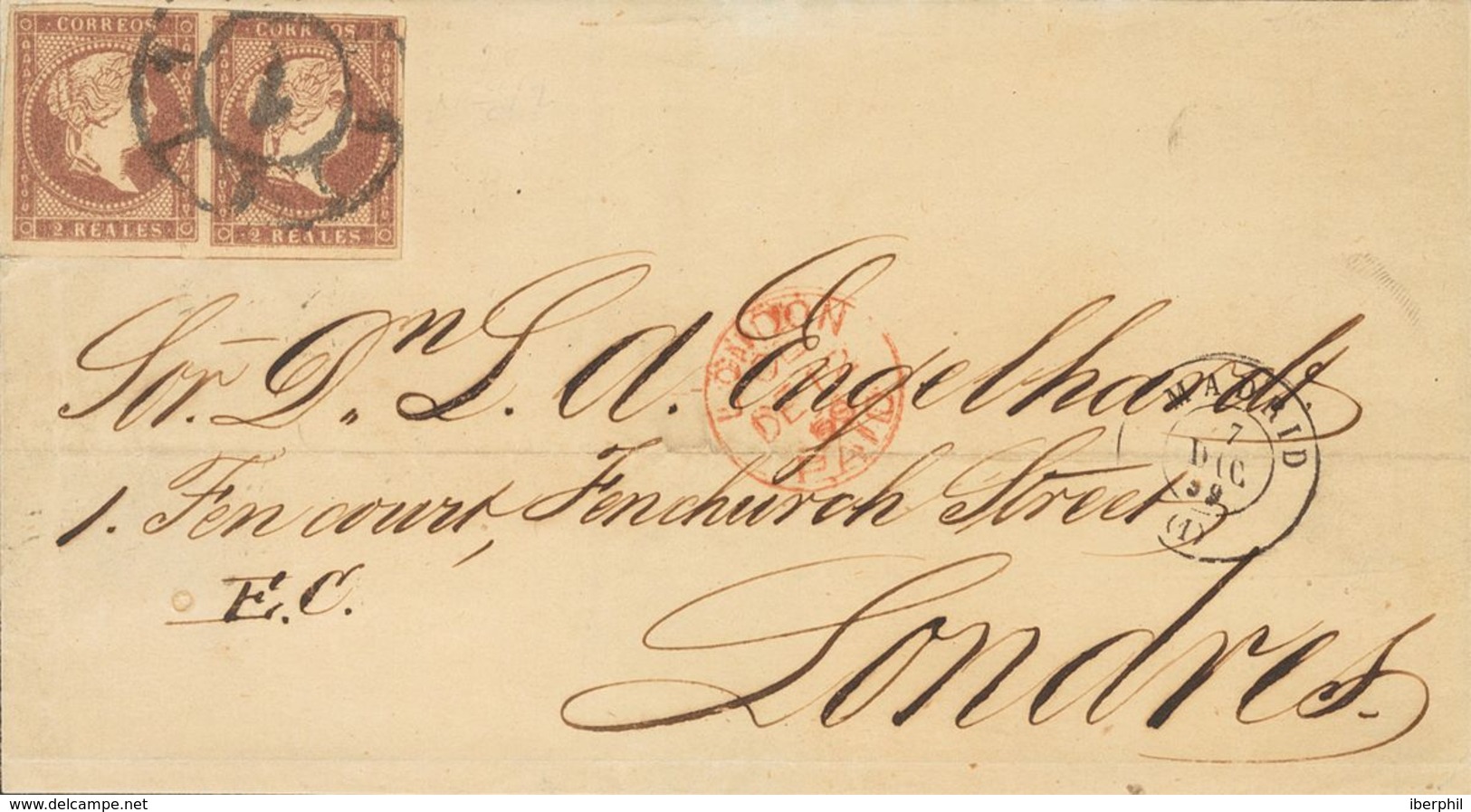 1º Y 2º Centenario. Sobre 50(2) 1859. 2 Reales Violeta Castaño, Pareja. MADRID A LONDRES. MAGNIFICA E INUSUAL DOBLE PORT - Sonstige & Ohne Zuordnung