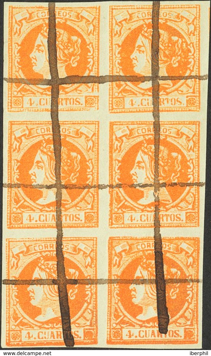 1º Y 2º Centenario. Falso Postal. º 52F(6) 1860. 4 Cuartos Naranja FALSO POSTAL TIPO XIII, Bloque De Seis. Inutilizado A - Other & Unclassified