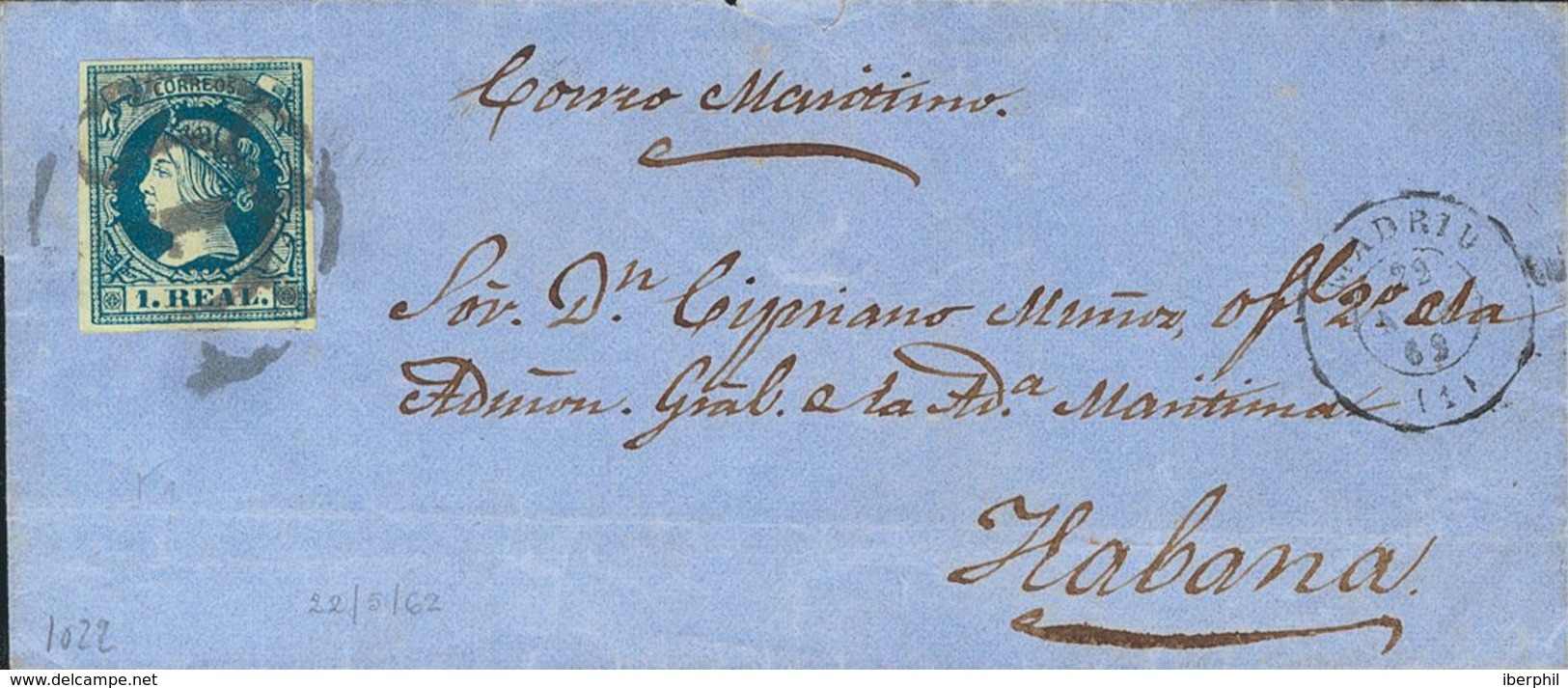 1º Y 2º Centenario. Sobre 55 1862. 1 Real Azul. MADRID A LA HABANA (CUBA). En El Frente Manuscrito "Correo Marítimo". MA - Otros & Sin Clasificación