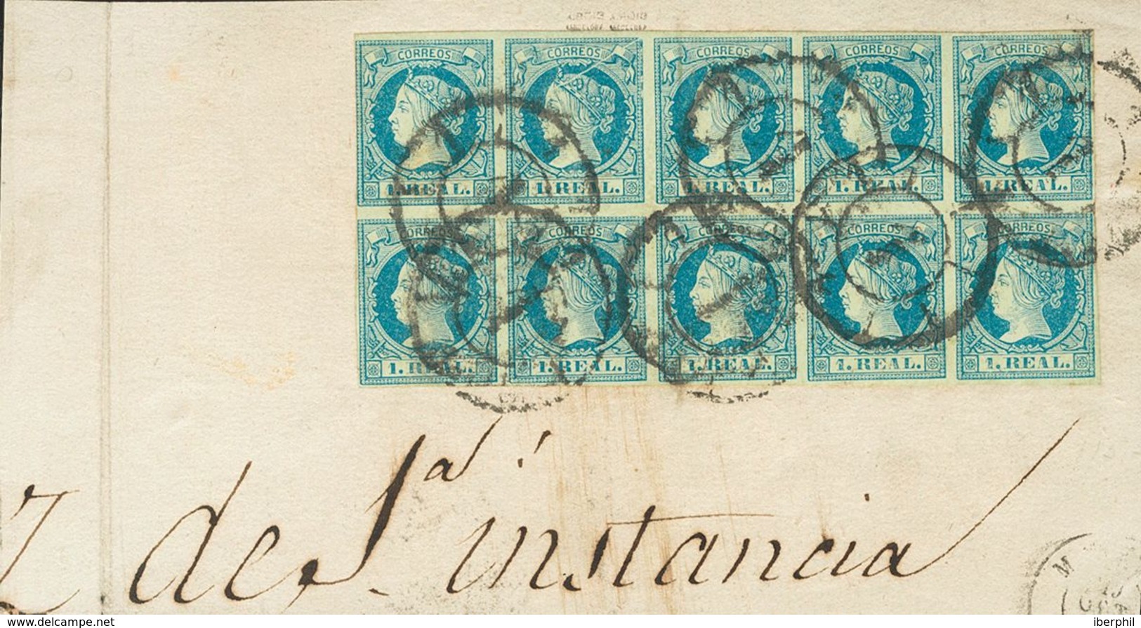 1º Y 2º Centenario. º 55(9), 55it 1860. 1 Real Azul, Bloque De Diez (un Sello Variedad Por Rotura Del Cliché), Sobre Fra - Sonstige & Ohne Zuordnung