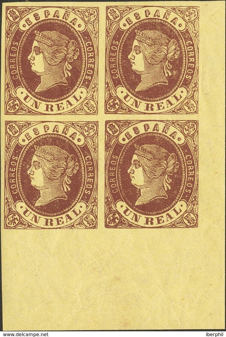 1º Y 2º Centenario. **/* 61(4), 61(4) 1862. 1 Real Castaño, Dos Bloques De Cuatro Con Diferentes Tonalidades De Papel. M - Altri & Non Classificati