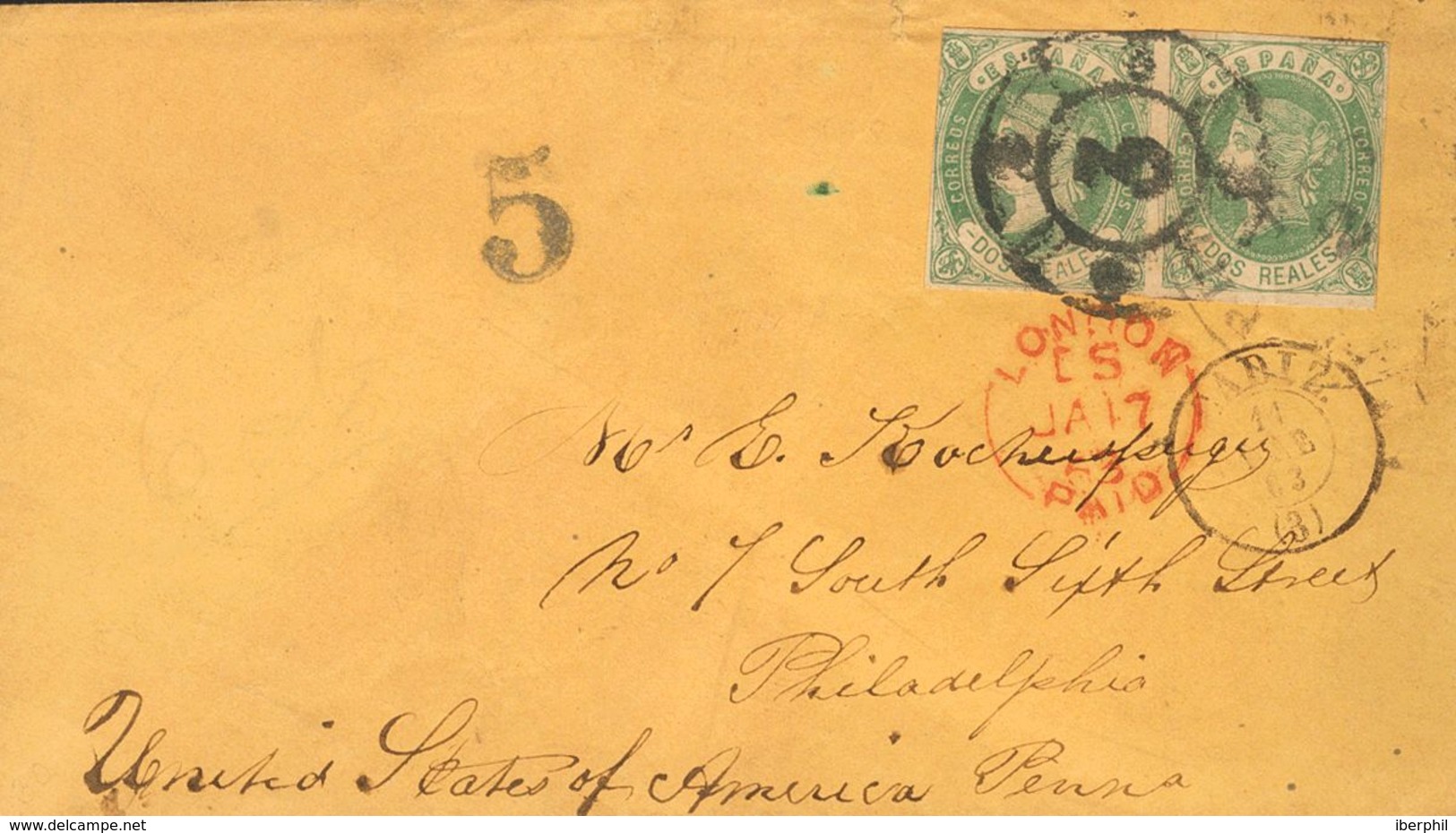 1º Y 2º Centenario. Sobre 62(2) 1863. 2 Reales Verde, Pareja. CADIZ A PHILADELPHIA (U.S.A.). Franqueo De Porte Simple Ví - Otros & Sin Clasificación