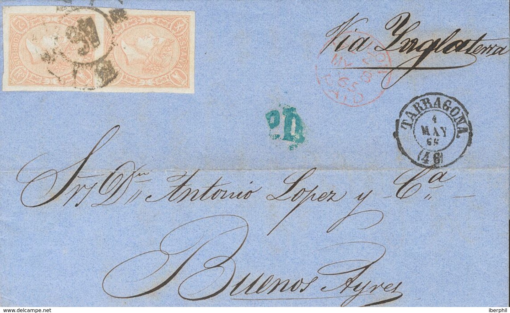 1º Y 2º Centenario. Sobre 73(2) 1865. 2 Reales Lila, Dos Sellos. TARRAGONA A BUENOS AIRES (ARGENTINA). MAGNIFICA Y RARO  - Altri & Non Classificati