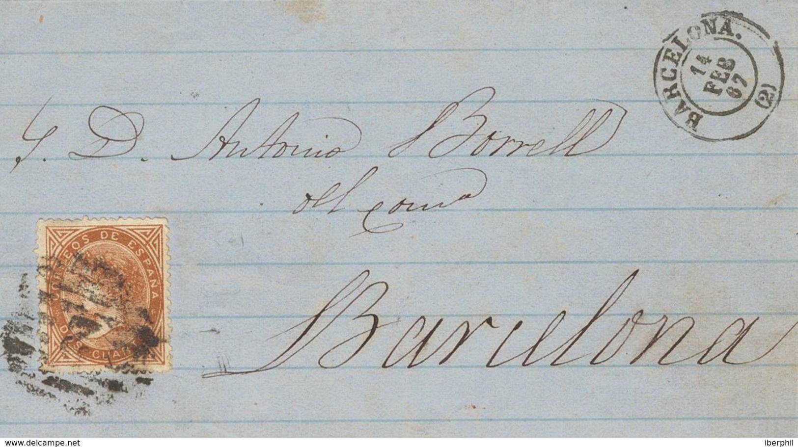 1º Y 2º Centenario. Sobre 87 1867. 2 Cuartos Castaño. Correo Interior De BARCELONA. MAGNIFICA. - Altri & Non Classificati