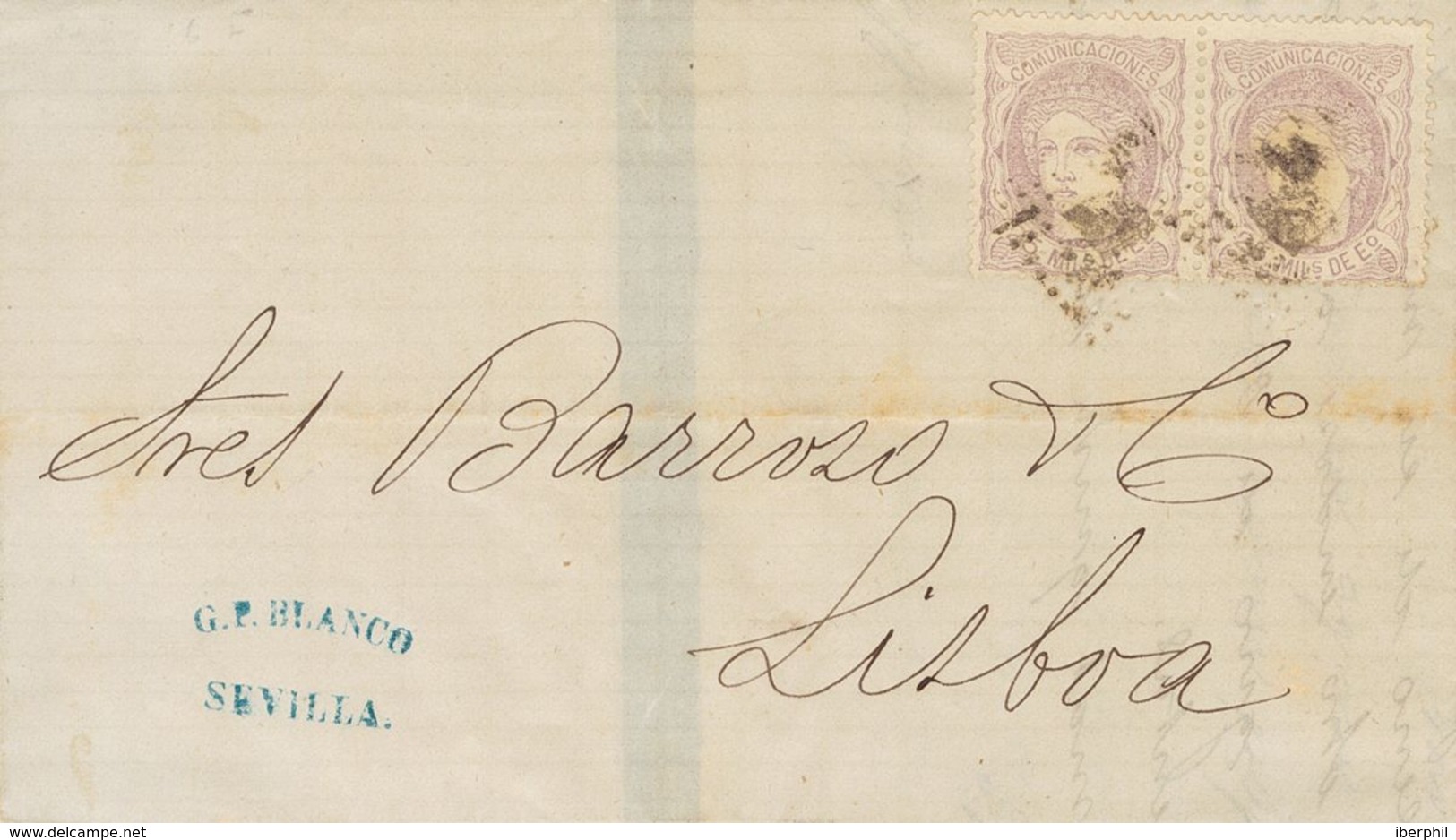 1º Y 2º Centenario. Sobre 106(2) 1872. 25 Mils Lila, Pareja. SEVILLA A LISBOA (PORTUGAL). MAGNIFICA E INUSUAL COMBINACIO - Otros & Sin Clasificación