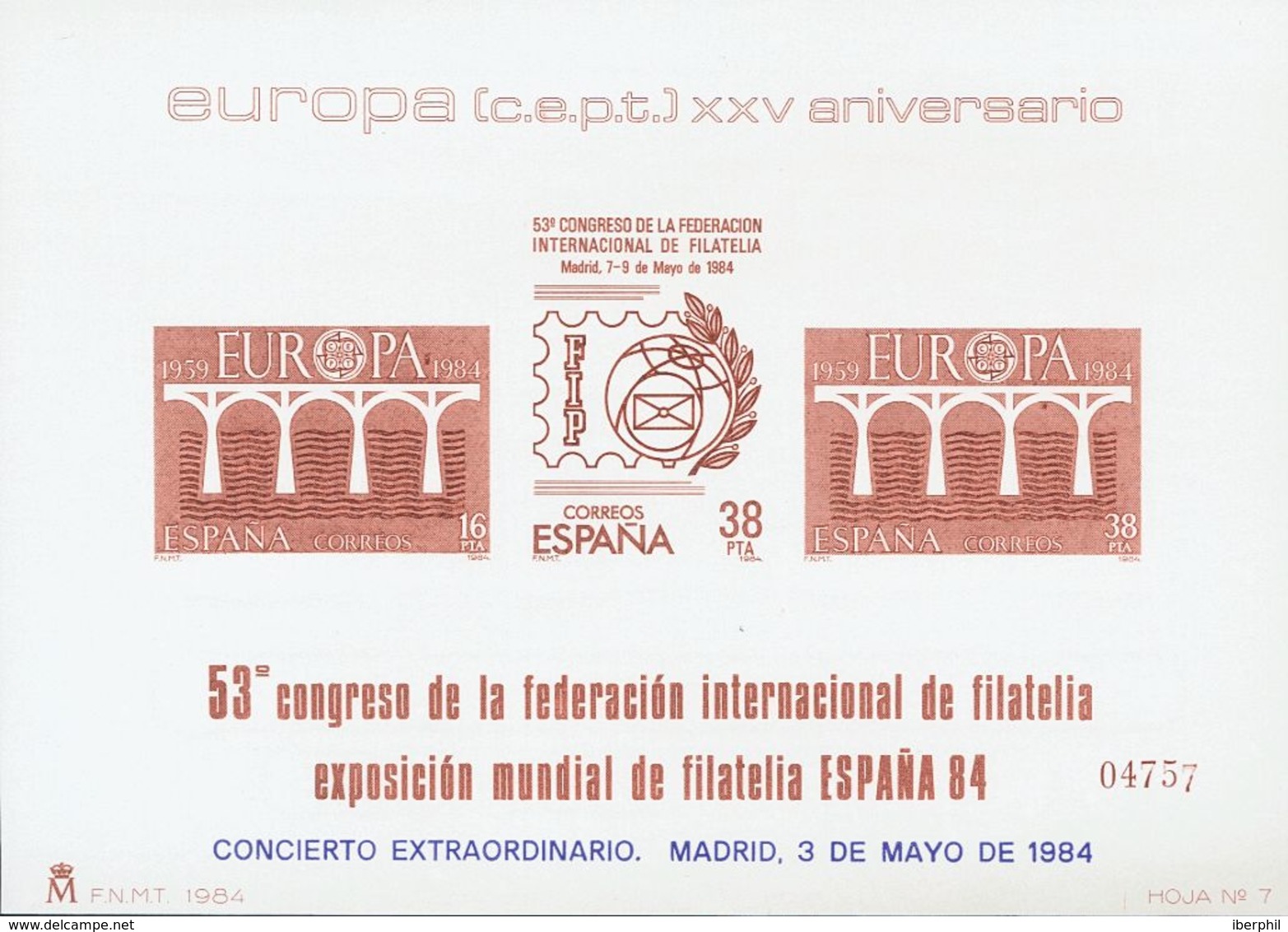 Pruebas De Lujo. ** 6/7P 1984. Pruebas De Lujo. ESPAÑA 84, Con La Sobrecarga CONCIERTO EXTRAORDINARIO (incluyendo Entrad - Sonstige & Ohne Zuordnung