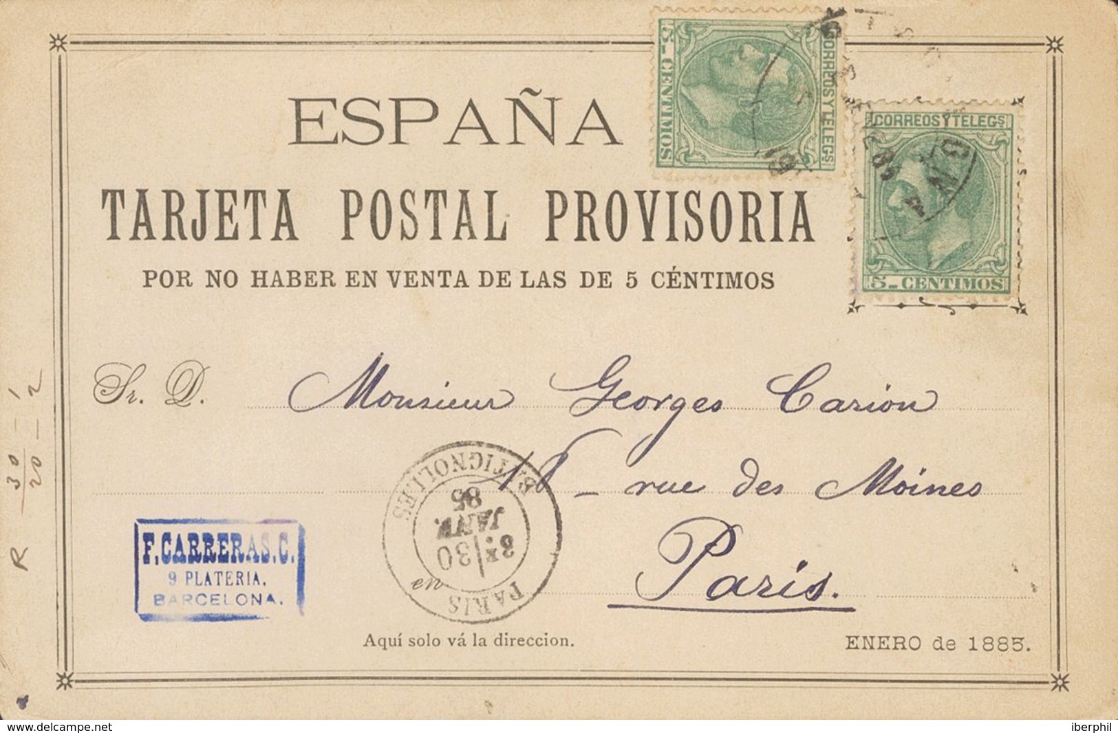 Entero Postal. Sobre EPCc1 1895. 5 Cts Verde, Dos Sellos. TARJETA POSTAL PROVISORIA DE CARRERAS CANDI (con La Marquilla  - Altri & Non Classificati