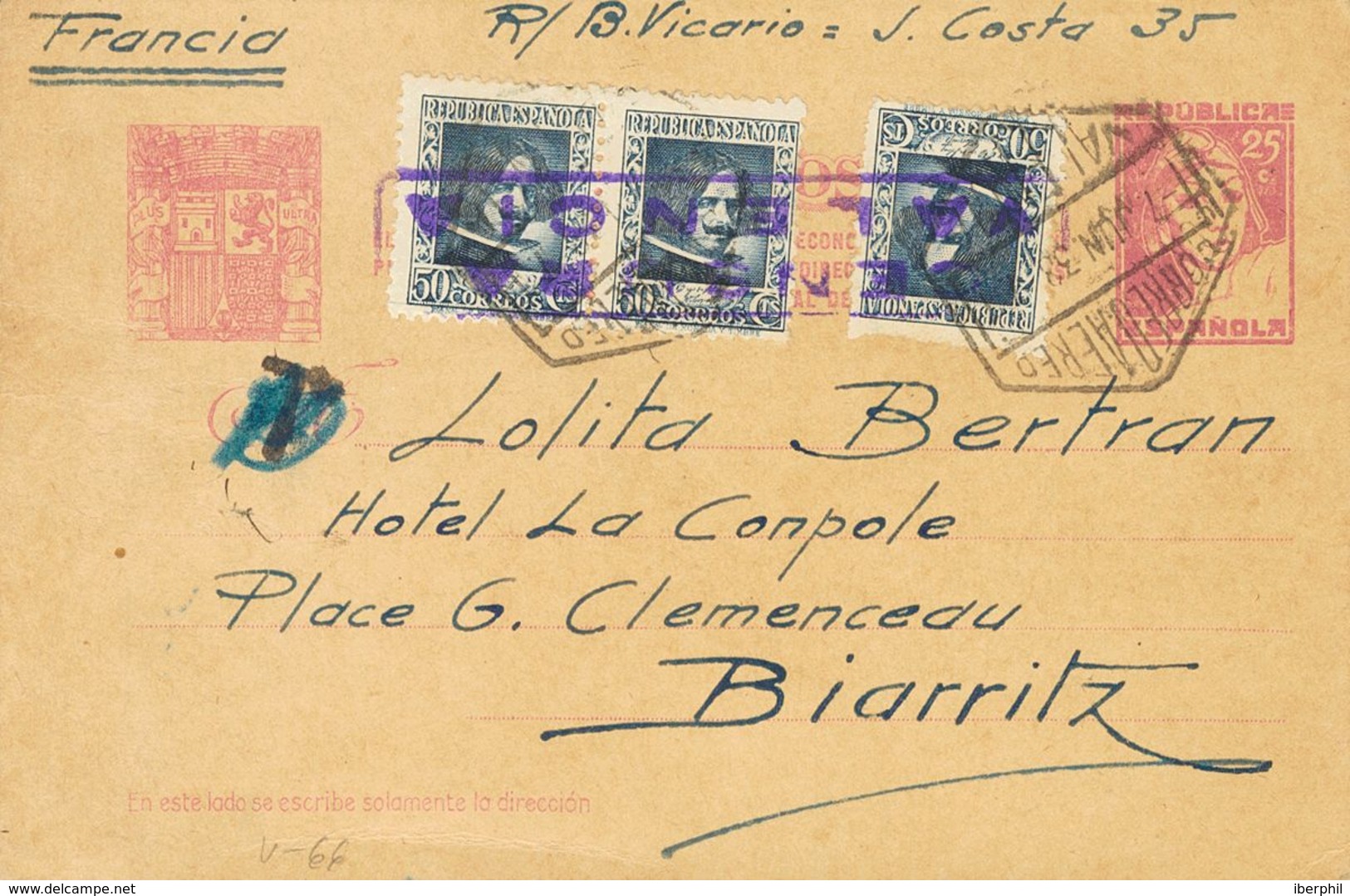 Entero Postal. Sobre EP77, 738(3) 1938. 25 Cts Lila Sobre Tarjeta Entero Postal "El Gobierno Necesita..." De VALENCIA A  - Altri & Non Classificati