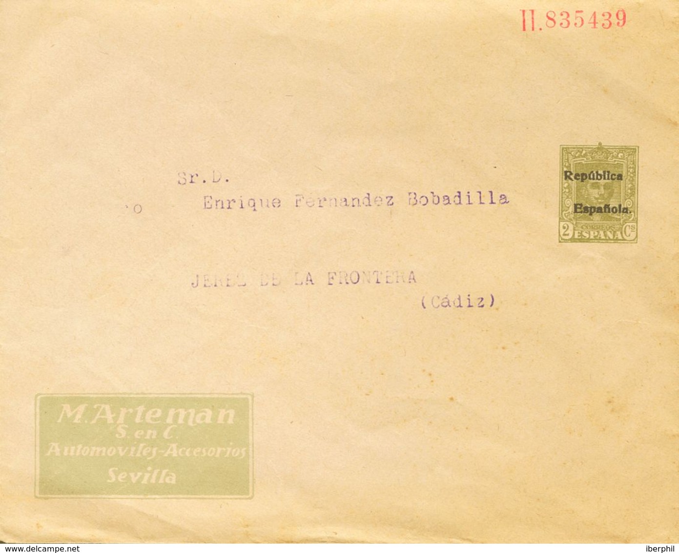 Entero Postal. Entero Postal Privado. (*) 1931. 2 Cts Verde Oliva Sobre Entero Postal Privado M.ARTEMAN AUTOMOVILES ACCE - Altri & Non Classificati