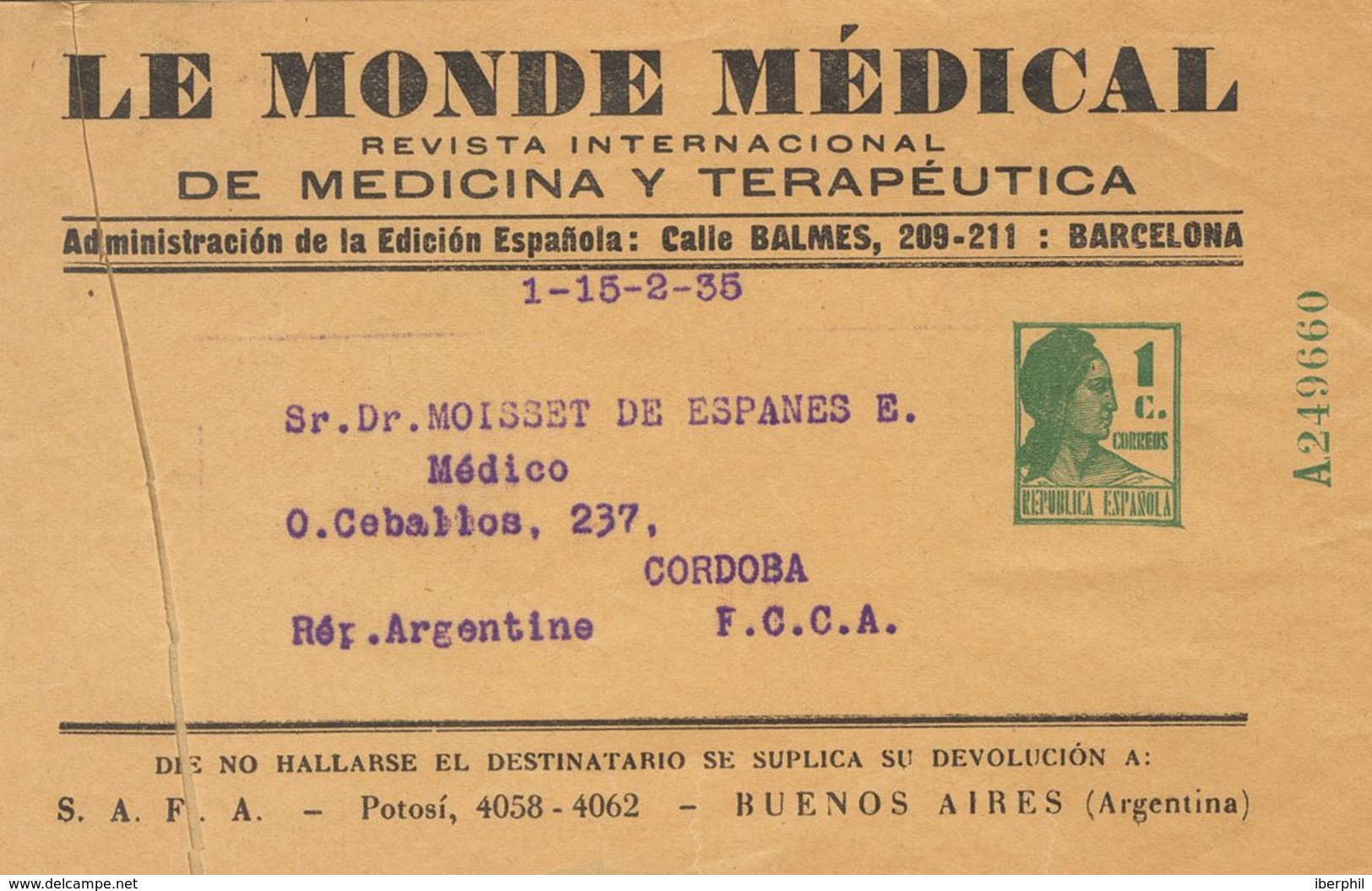 Entero Postal. Entero Postal Privado. Sobre EP1001A 1935. 1 Cts Verde Sobre Faja De Periódico Entero Postal Privado LE M - Sonstige & Ohne Zuordnung