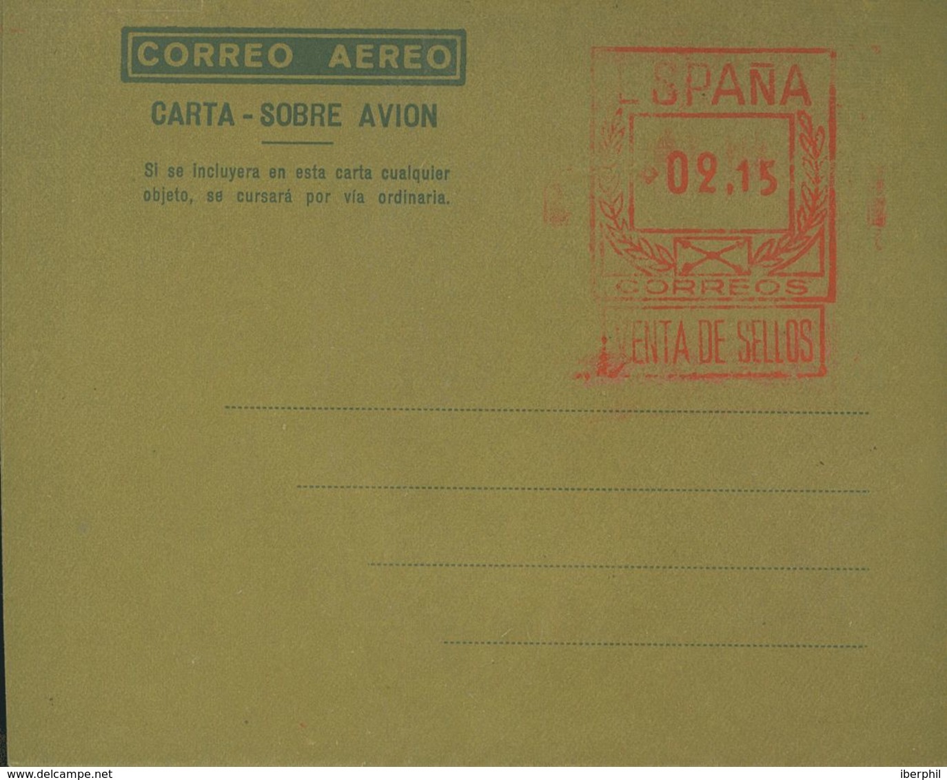 Entero Postal. Aerograma. (*) AE15cc 1948. 2'15 Pts Sobre Aerograma. ENSAYO DE COLOR, En Verde. MAGNIFICO. (Laíz 2006, 8 - Otros & Sin Clasificación