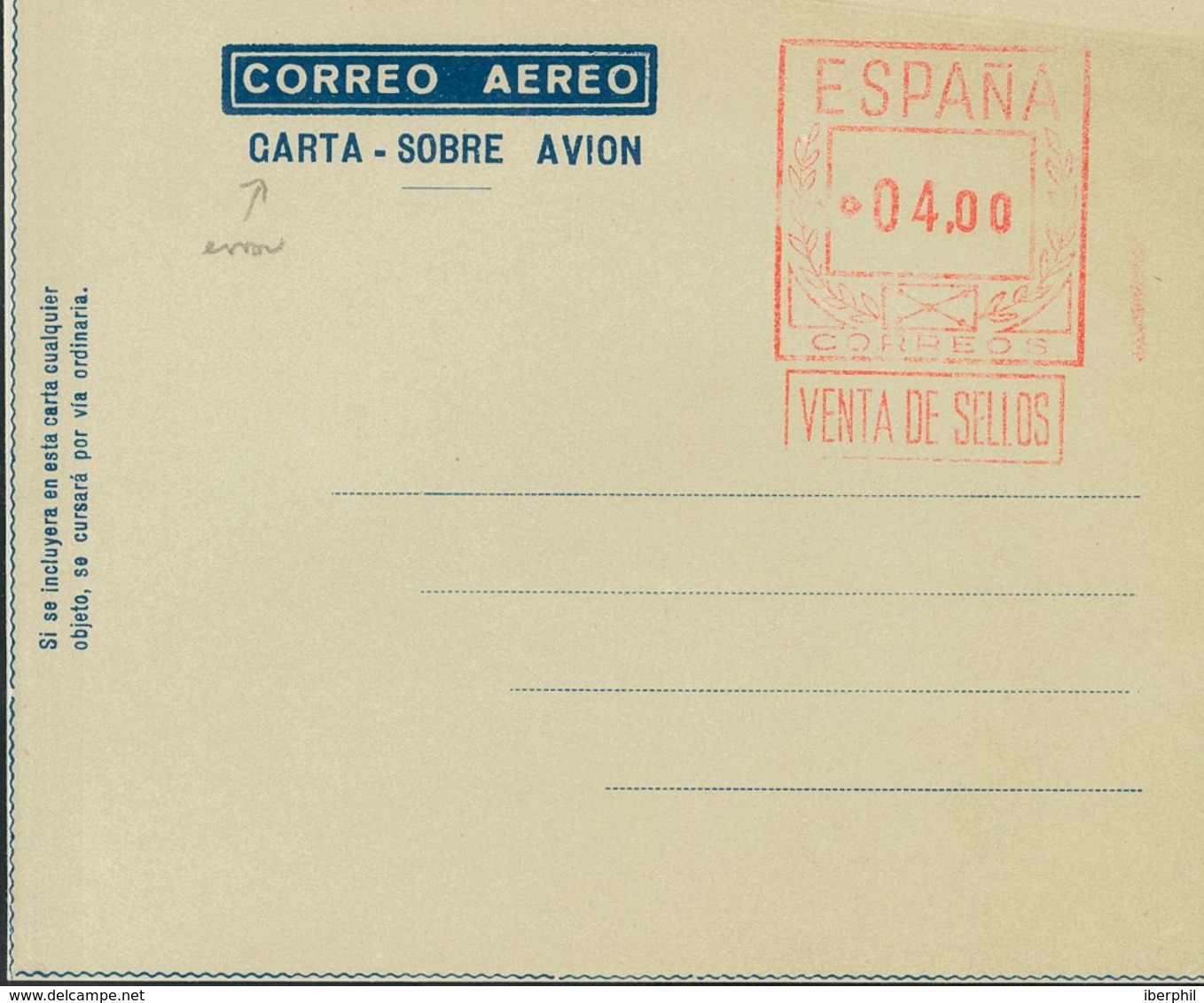 Entero Postal. Aerograma. (*) AE61 1956. 4 Pts Sobre Aerograma. Variedad "GARTA" EN LUGAR DE CARTA. MAGNIFICO Y MUY RARO - Otros & Sin Clasificación