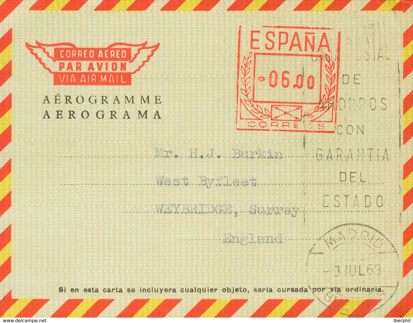 Entero Postal. Aerograma. (*) AE101 1969. 6 Pts Sobre Aerograma (Tipo K Sin Precio). MADRID A WEYBRIDGE (INGLATERRA). MA - Otros & Sin Clasificación