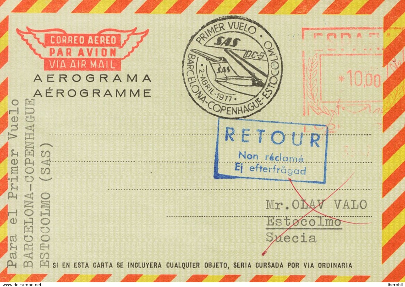 Entero Postal. Aerograma. (*) AE121 1963. 10 Pts Sobre Aerograma (Tipo J). BARCELONA A ESTOCOLMO (SUECIA). Matasello Esp - Otros & Sin Clasificación