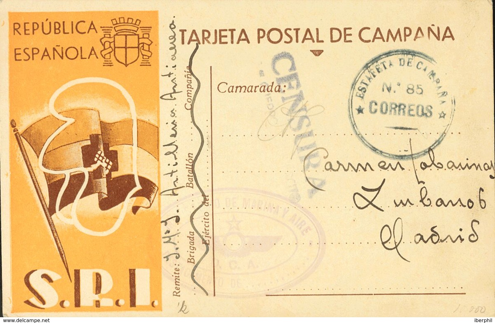 Guerra Civil. Tarjeta Postal Republicana. Sobre 1937. Tarjeta Postal De Campaña Del S.R.I. Dirigida A MADRID. Marca De F - Otros & Sin Clasificación