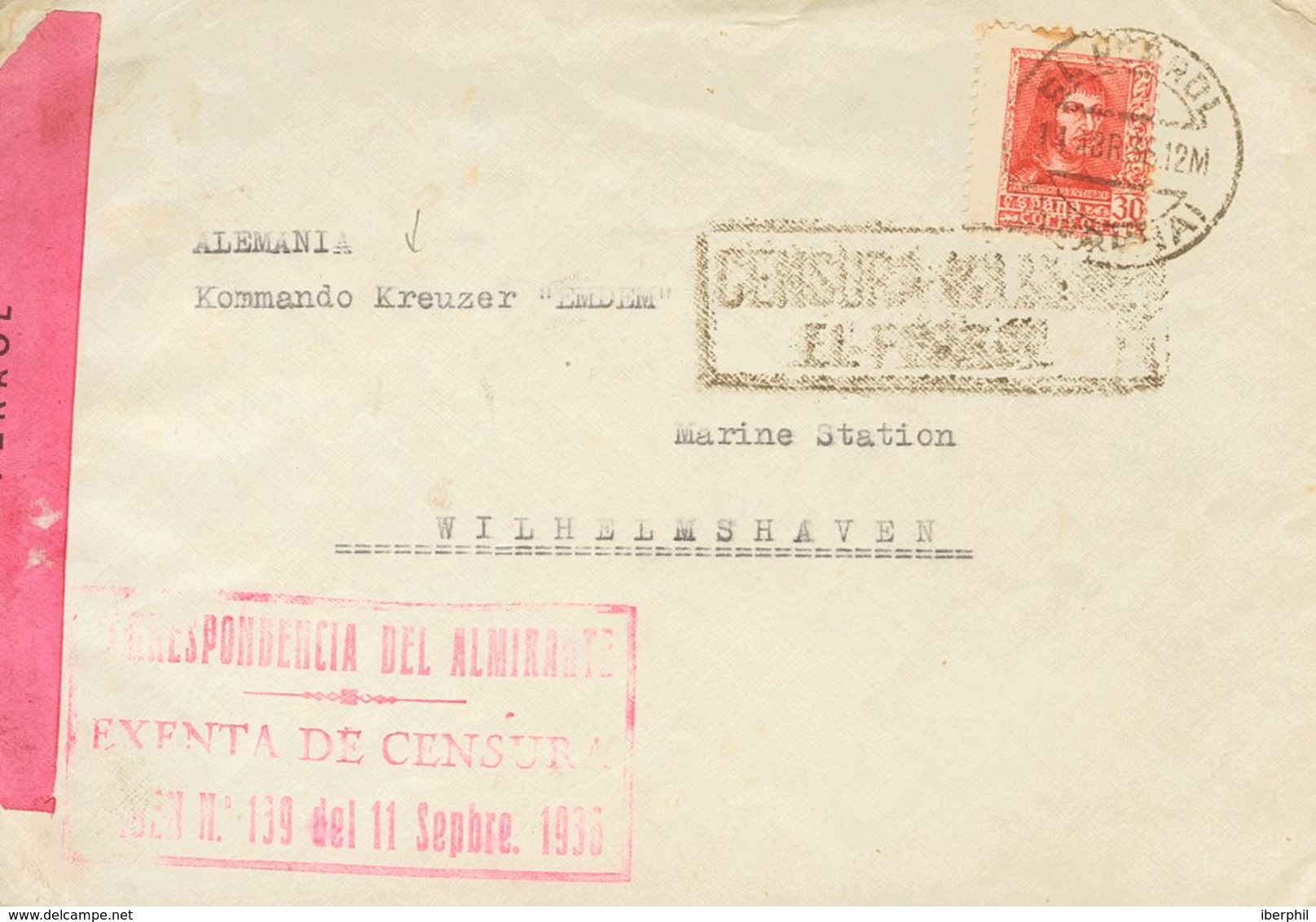 Guerra Civil. Bando Nacional. Sobre 844A 1938. 30 Cts Rojo. EL FERROL A WILHEMSHAVEN (ALEMANIA). Dirigida Al Crucero EMD - Altri & Non Classificati