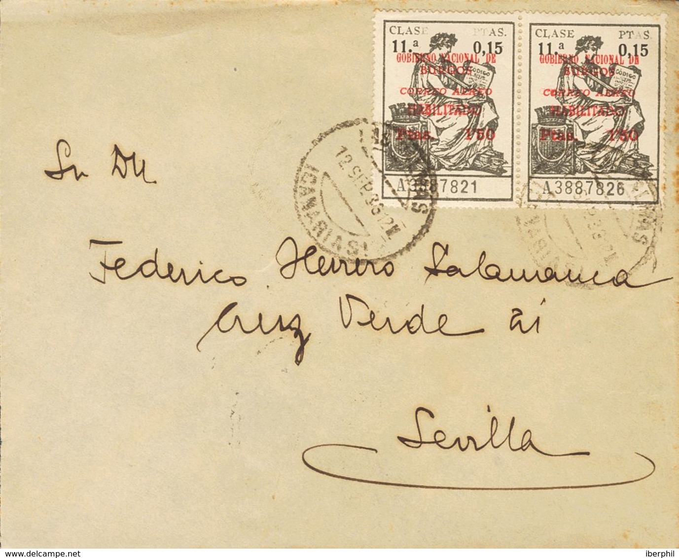 Emisiones Locales Patrióticas. Burgos. Sobre 18A(2) 1936. 1'50 Pts Sobre 15 Cts Gris Negro, Pareja. LAS PALMAS A SEVILLA - Emissioni Nazionaliste