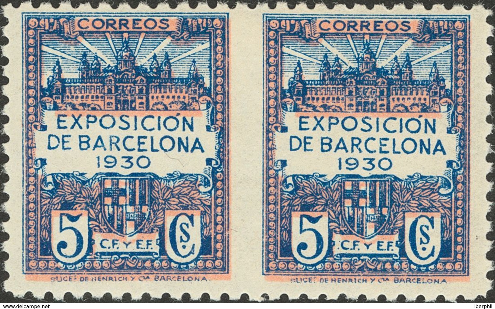 Ayuntamiento De Barcelona. * 7sph 1930. 5 Cts Azul Y Rosa, Pareja. Variedad SIN DENTAR ENTRE LOS SELLOS. MAGNIFICA. 2017 - Otros & Sin Clasificación