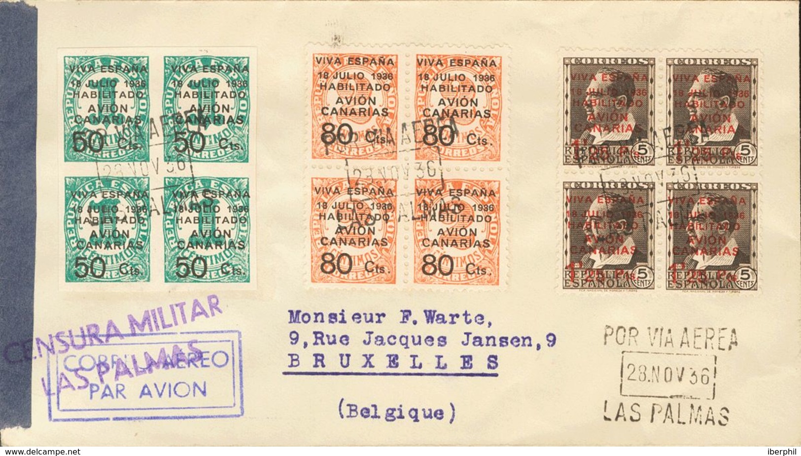 Canarias. Sobre 4/6(4) 1936. Serie Completa, En Bloque De Cuatro. Correo Aéreo De LAS PALMAS A BRUSELAS (BELGICA). MAGNI - Otros & Sin Clasificación