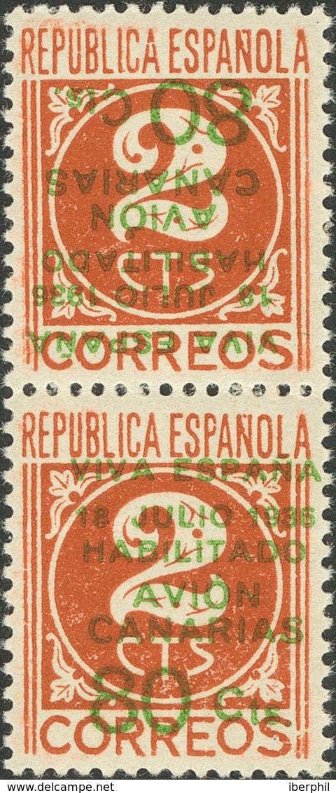 Canarias. * 9Ahev(2) 1937. 80 Cts Sobre 2 Cts Castaño, Pareja Vertical. Un Sello SOBRECARGA INVERTIDA. MAGNIFICA Y RARIS - Altri & Non Classificati