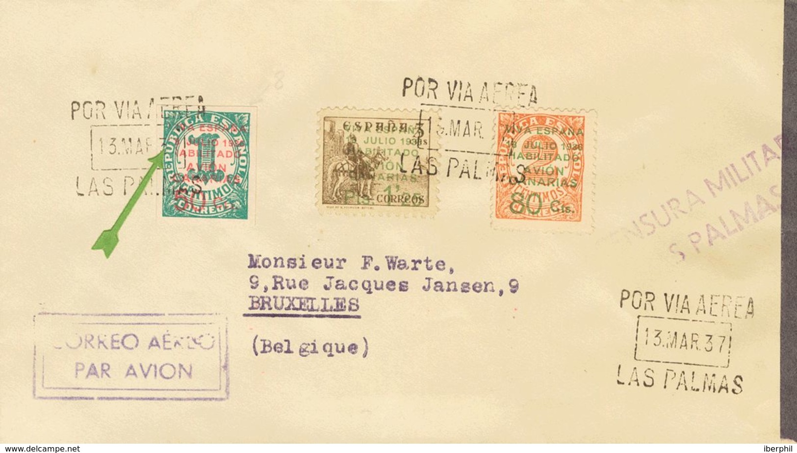 Canarias. Sobre 43381 1937. Serie Completa Con La Variedad SIN "1" DE "18" En El Sello De 50 Cts. Correo Aéreo De LAS PA - Otros & Sin Clasificación