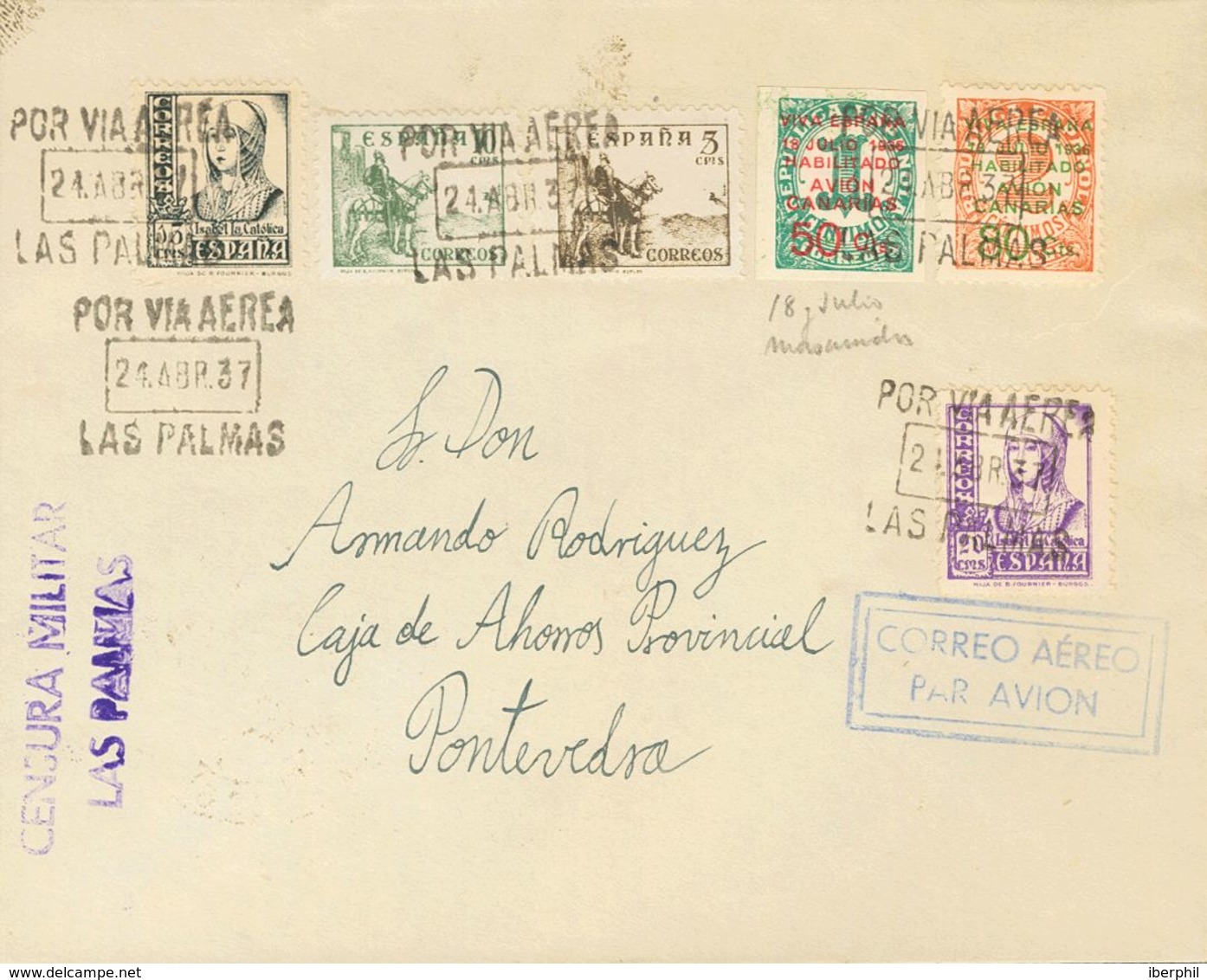 Canarias. Sobre 8, 9 1937. 50 Cts Sobre 1 Cts Y 80 Cts Sobre 2 Cts. Correo Aéreo De LAS PALMAS A PONTEVEDRA. Al Dorso Ll - Sonstige & Ohne Zuordnung