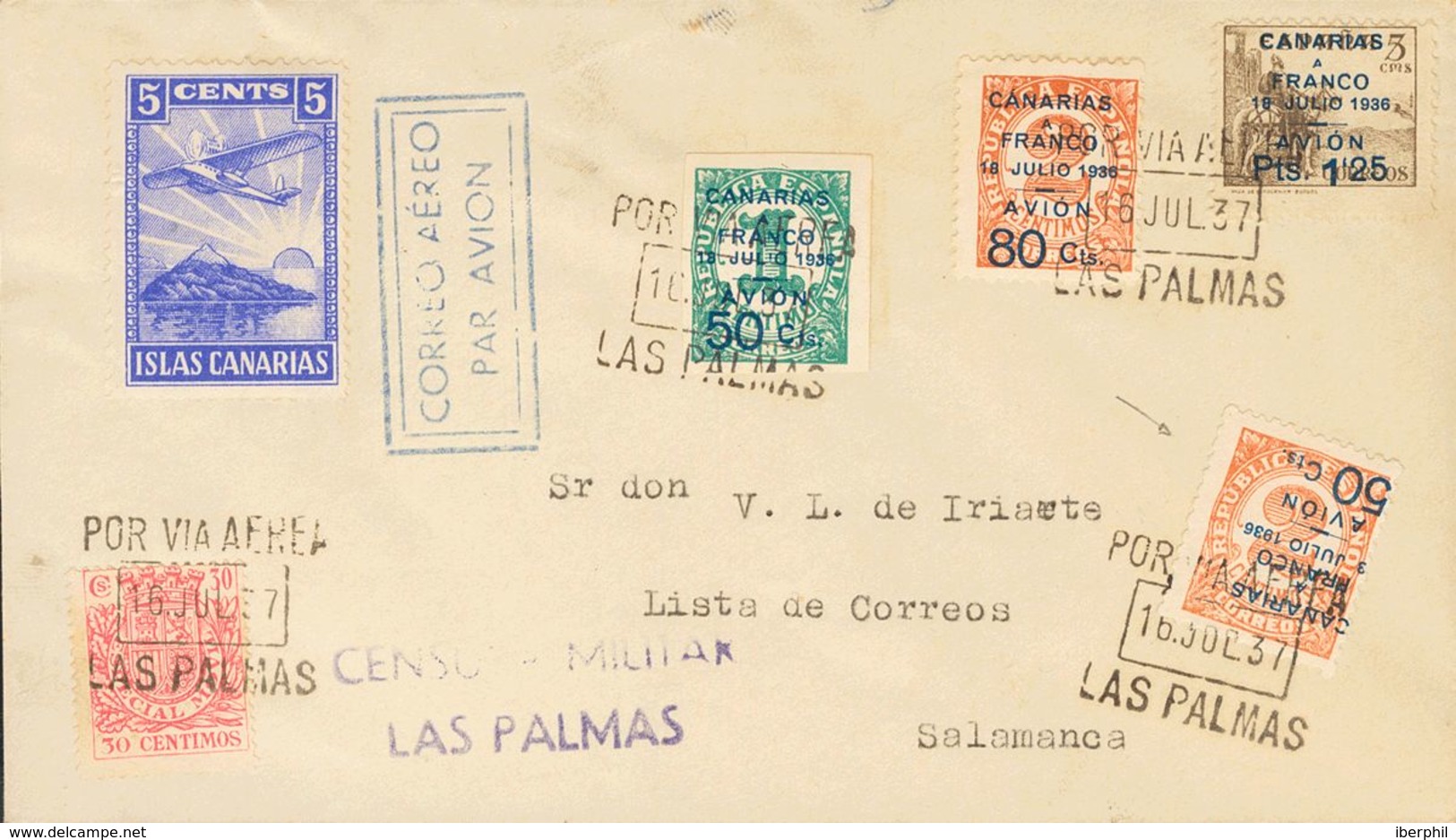 Canarias. Sobre 11Bhi, 11/13 1937. Serie Completa Y 50 Cts Sobre 2 Cts Variedad SOBRECARGA INVERTIDA. Correo Aéreo De LA - Otros & Sin Clasificación